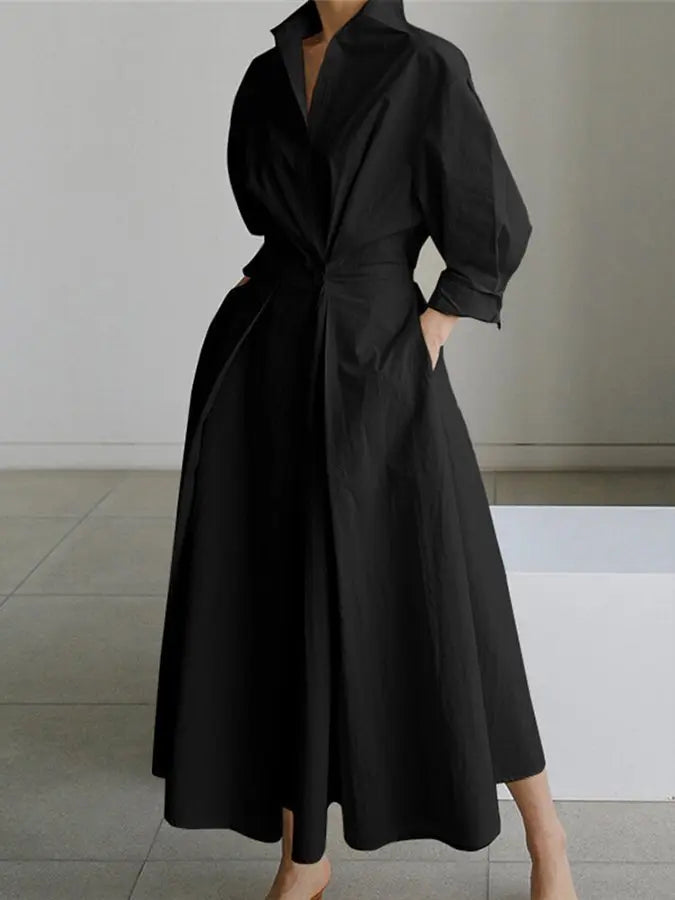 Elegant women's maxi shirt dress, long sleeves, wrap belt. Ideal for casual daytime or sophisticated evening.