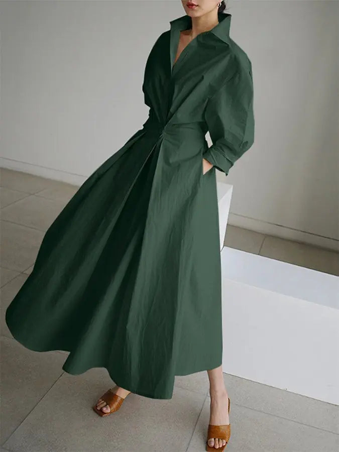 Women's long sleeve maxi shirt dress, wrap style with belt. Elegant, comfortable, & stylish for any occasion.