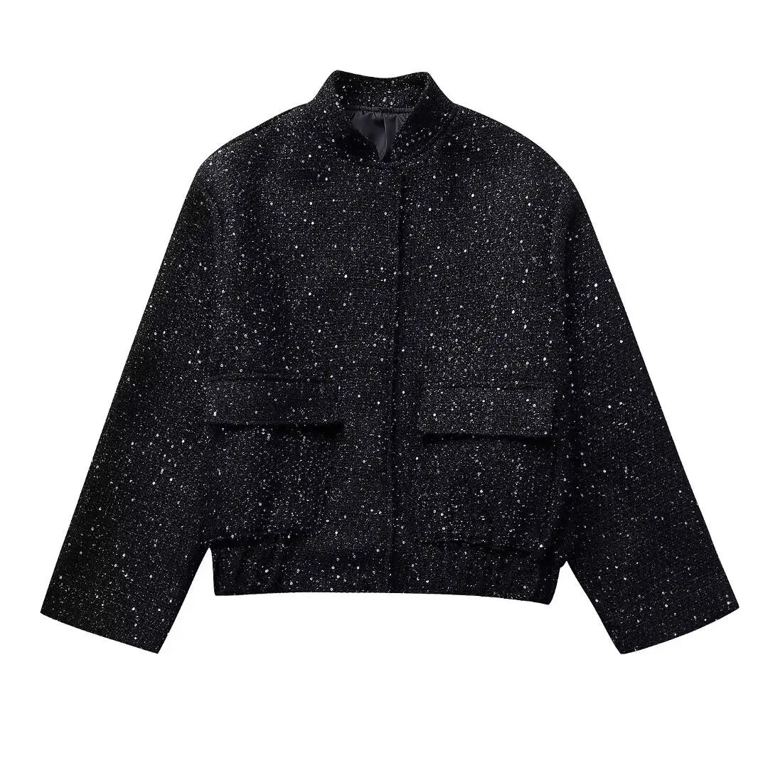 Fashionable metallic women's jacket, elegant tailored fit. Lightweight and chic mid-season outerwear for all occasions.