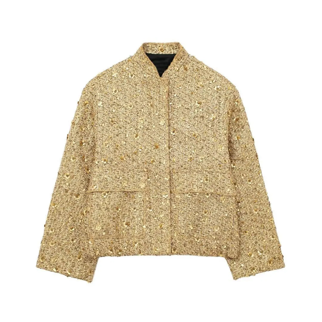Women's metallic outerwear: an elegant tailored mid-season jacket, perfect for stylish spring and autumn layering.