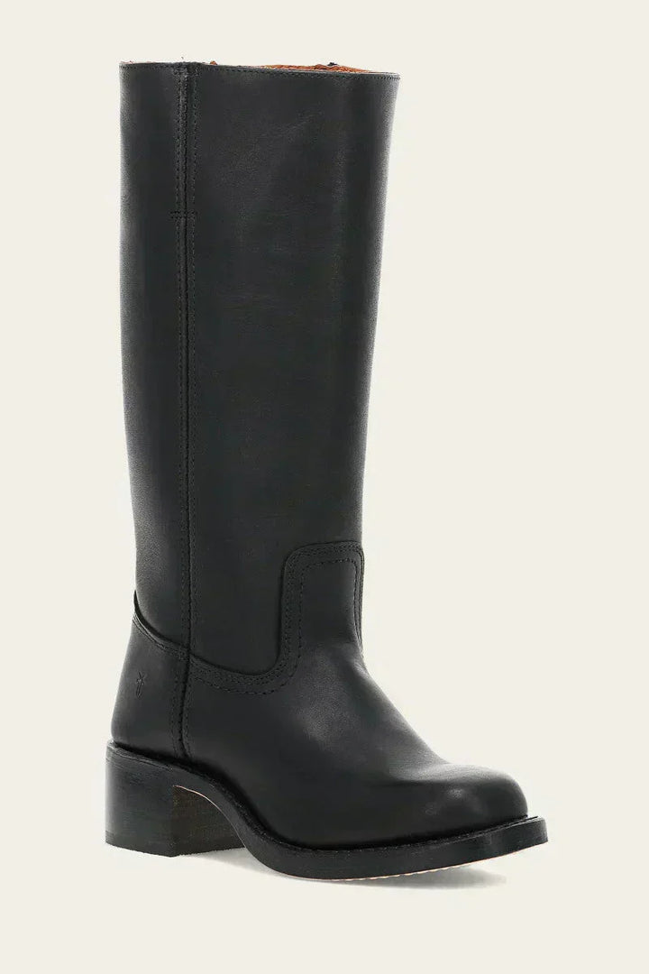Elegant brown mid-calf boots for women, with a comfortable block heel and classic closed toe.