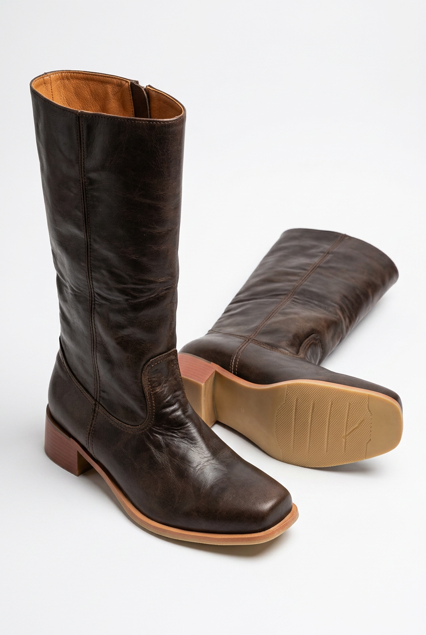 Women's khaki mid-calf boots with a comfortable block heel and closed toe, versatile style.
