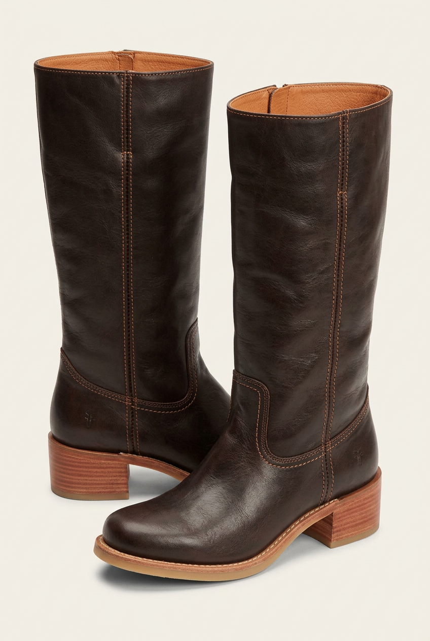 Fashion-forward brown mid-calf block heel boots for women, with a sleek closed toe design.