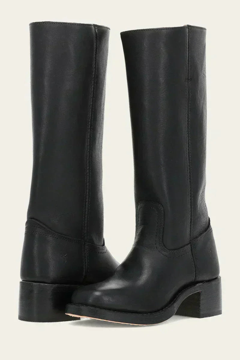 Stylish dark brown mid-calf boots with a comfortable block heel and classic closed toe.