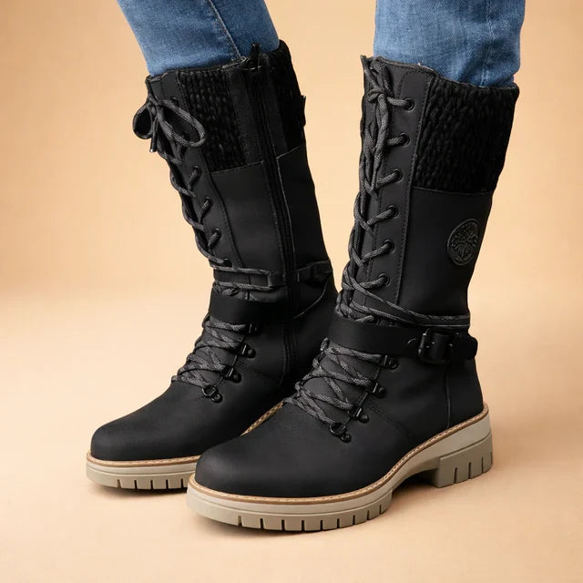 Stylish women's mid-calf lace-up winter boots with a cozy comfort collar and versatile design.