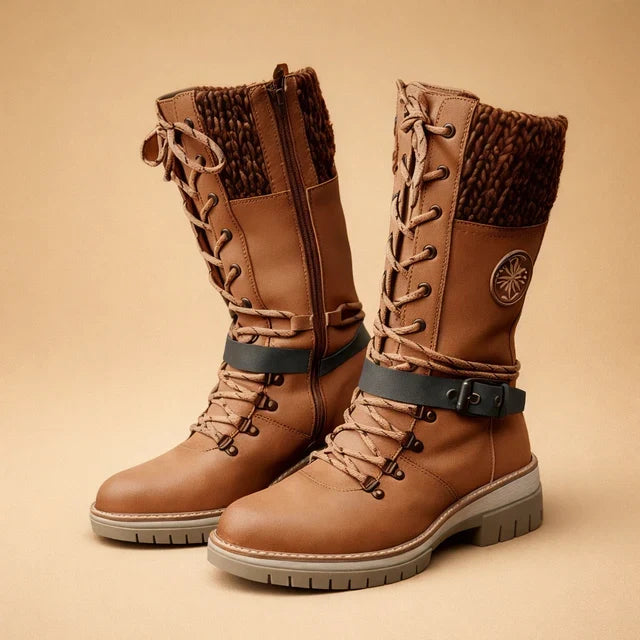 Womens lace-up mid-calf ankle boots with side zip and comfort collar for easy, cozy wear.