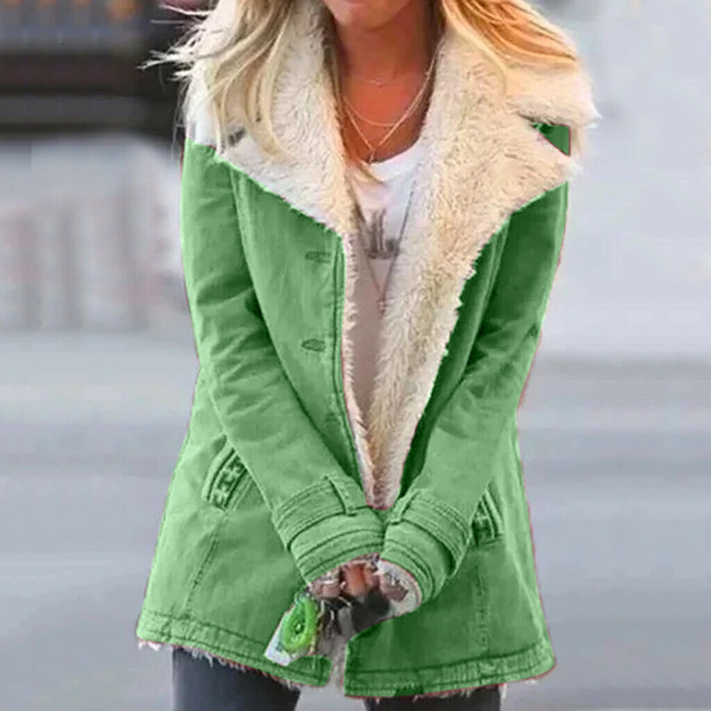 Women's mid-length jacket with cozy sherpa collar & button front. Perfect for fall/winter outerwear.