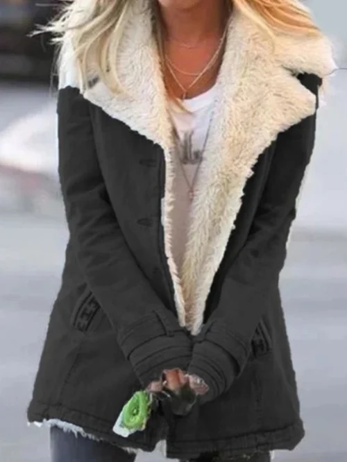Women's mid-length jacket with a classic button-front & warm sherpa collar. Essential winter style.