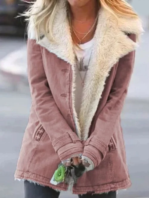 Cozy women's mid-length outerwear jacket with a plush sherpa collar & button closure. Everyday style.