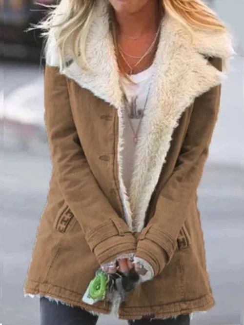 Women's fall/winter mid-length jacket with a button-front and warm sherpa collar. Casual & stylish.