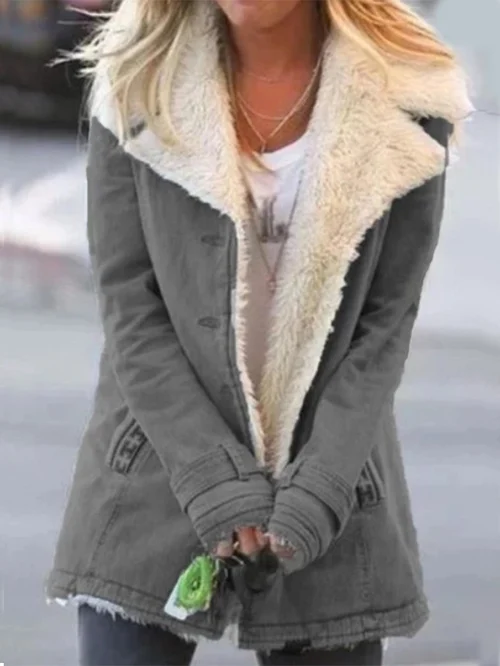 Everyday women's mid-length jacket with a stylish button-front and cozy sherpa collar. Fall ready.