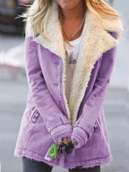 Warm women's mid-length jacket, button-front design, plush sherpa collar. Ideal winter outerwear.