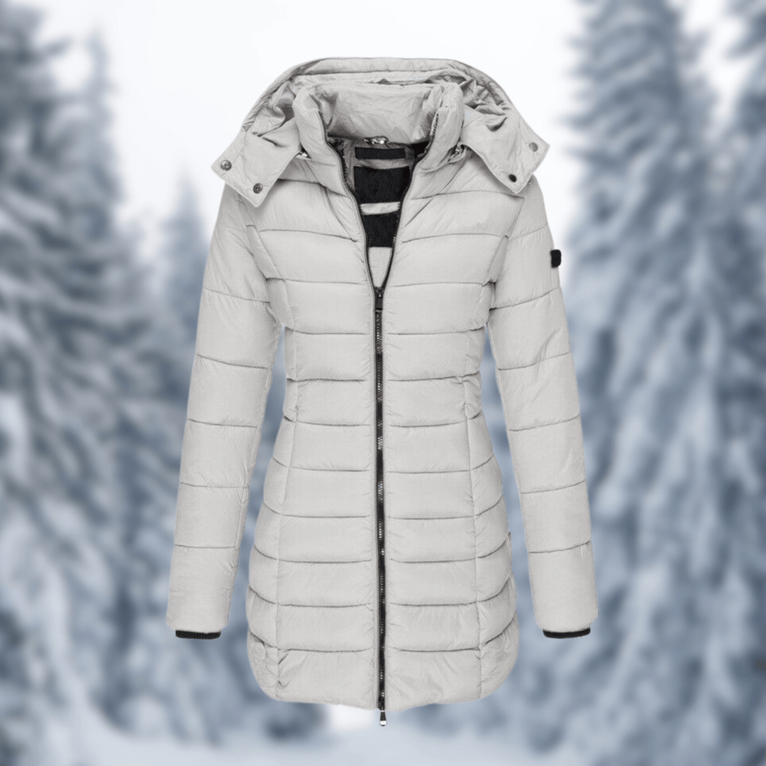 Stylish women's warm winter jacket, mid-length design with a detachable hood, perfect for cold weather.