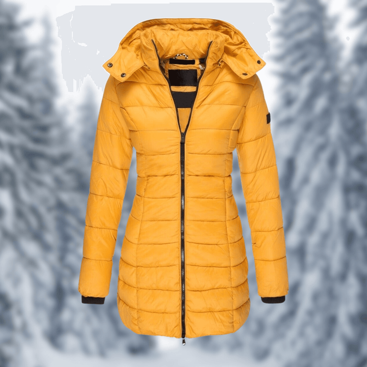 Cozy women's mid-length winter coat, featuring a versatile detachable hood, ideal for cold weather fashion.