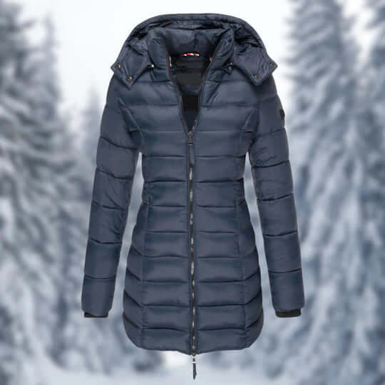 Women's warm outerwear: mid-length winter jacket with a practical detachable hood for chilly days.