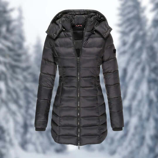 Fashionable women's mid-length coat, a warm winter jacket with a convenient detachable hood.