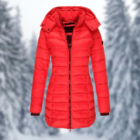 Elegant women's mid-length winter coat, featuring a cozy design and a functional detachable hood.