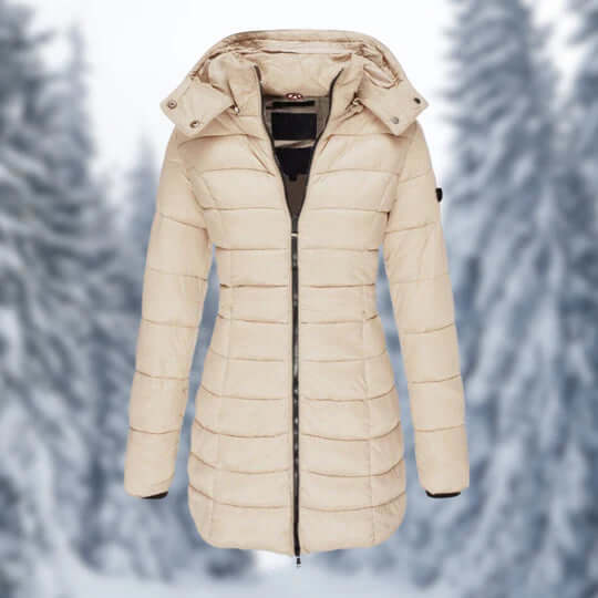 Stay warm and chic in cold weather with this women's mid-length winter jacket and its detachable hood.