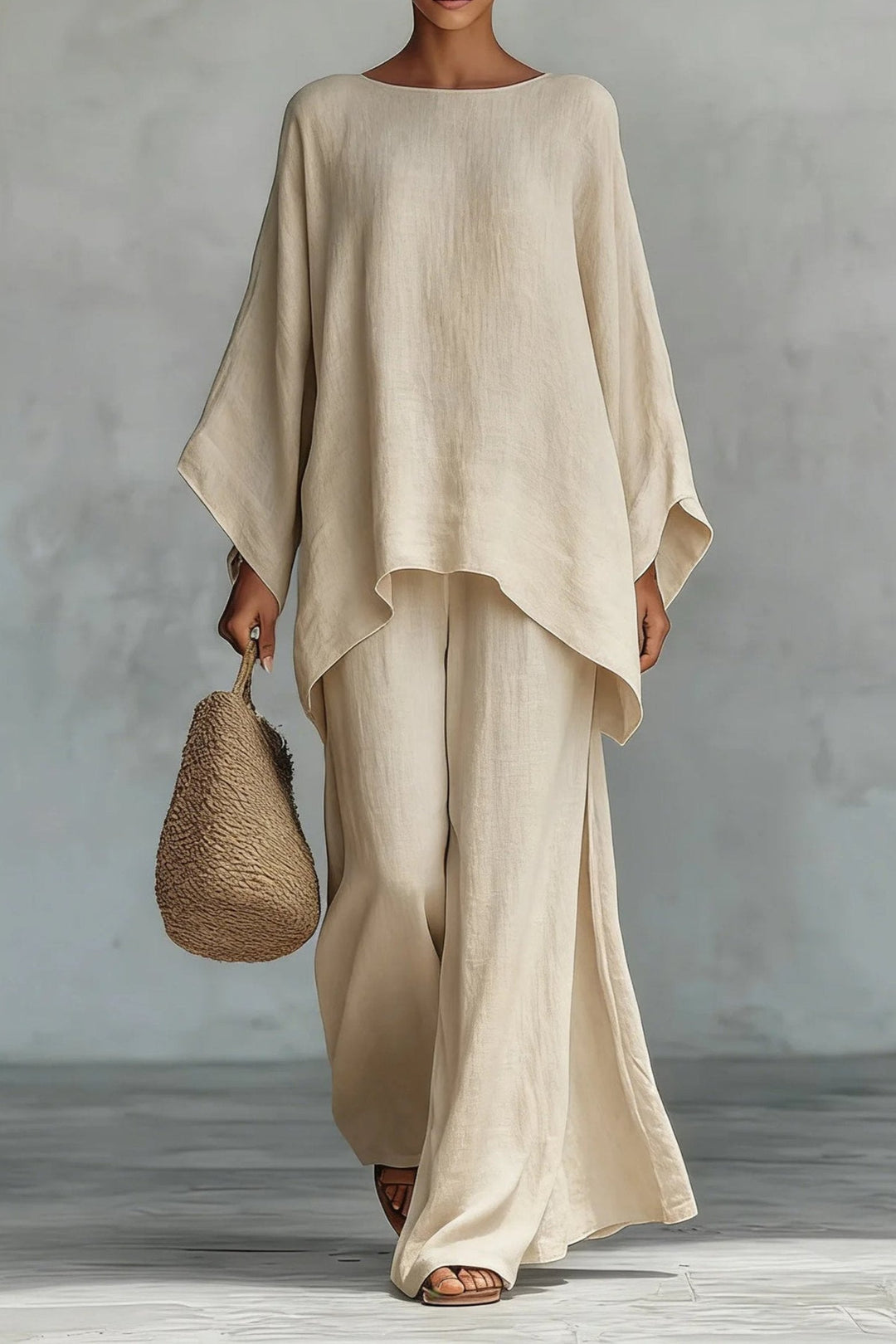 Comfortable women's batwing-sleeve two-piece set with wide-leg pants, ideal for chic casual or summer relaxation.