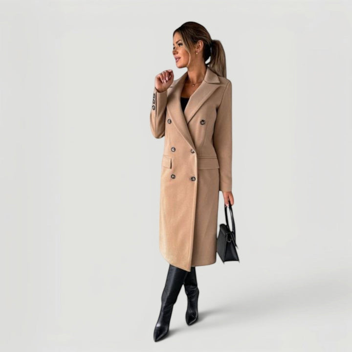 Women's minimalist double-breasted jacket, elegant everyday outerwear for fall fashion.