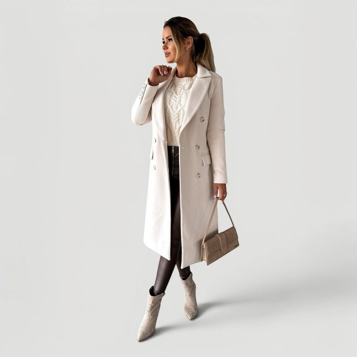 Stylish women's long-sleeve double-breasted jacket, versatile fall fashion & winter essential.