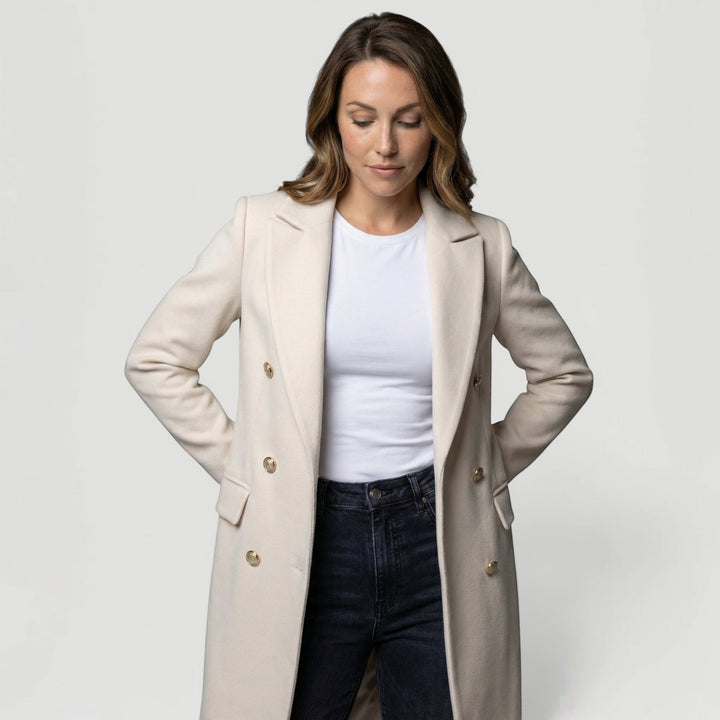 Women's elegant minimalist double-breasted jacket, perfect fall fashion outerwear & winter style.