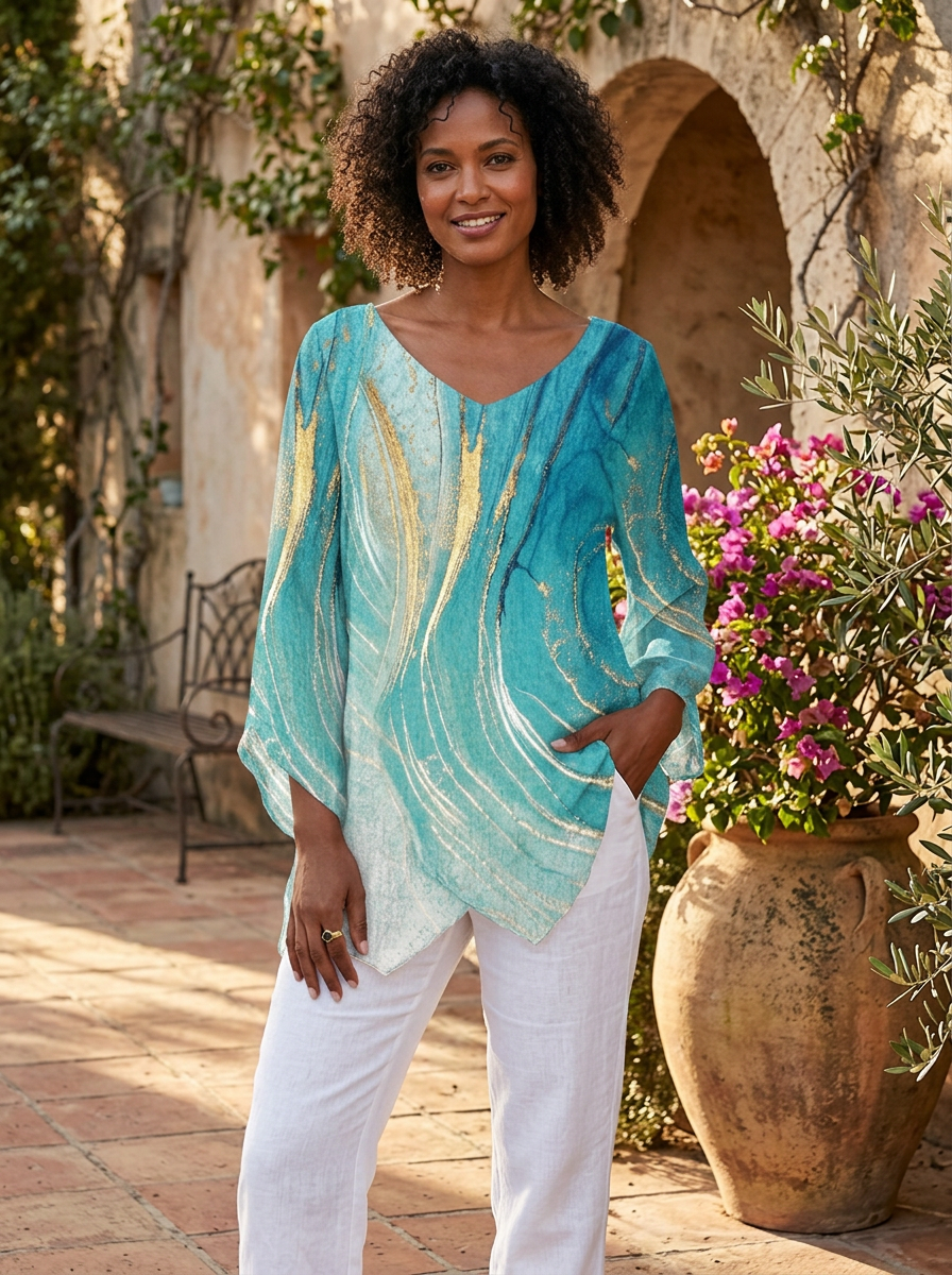 Elegant women's marble print short sleeve top, asymmetric hem & loose fit, perfect for casual spring wear.