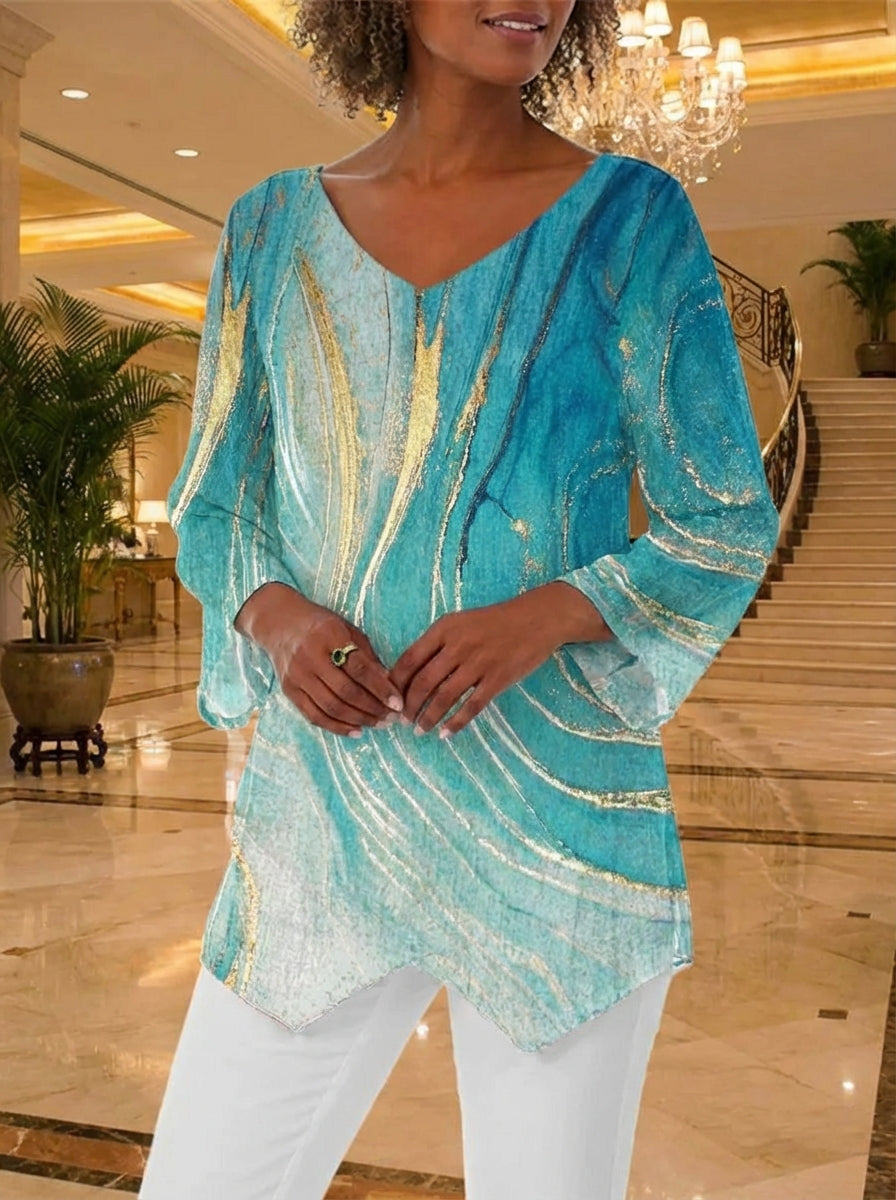 Casual women's short sleeve V-neck top featuring a chic marble print, asymmetric hem, and comfortable loose fit.