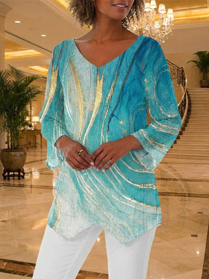 Casual women's short sleeve V-neck top featuring a chic marble print, asymmetric hem, and comfortable loose fit.