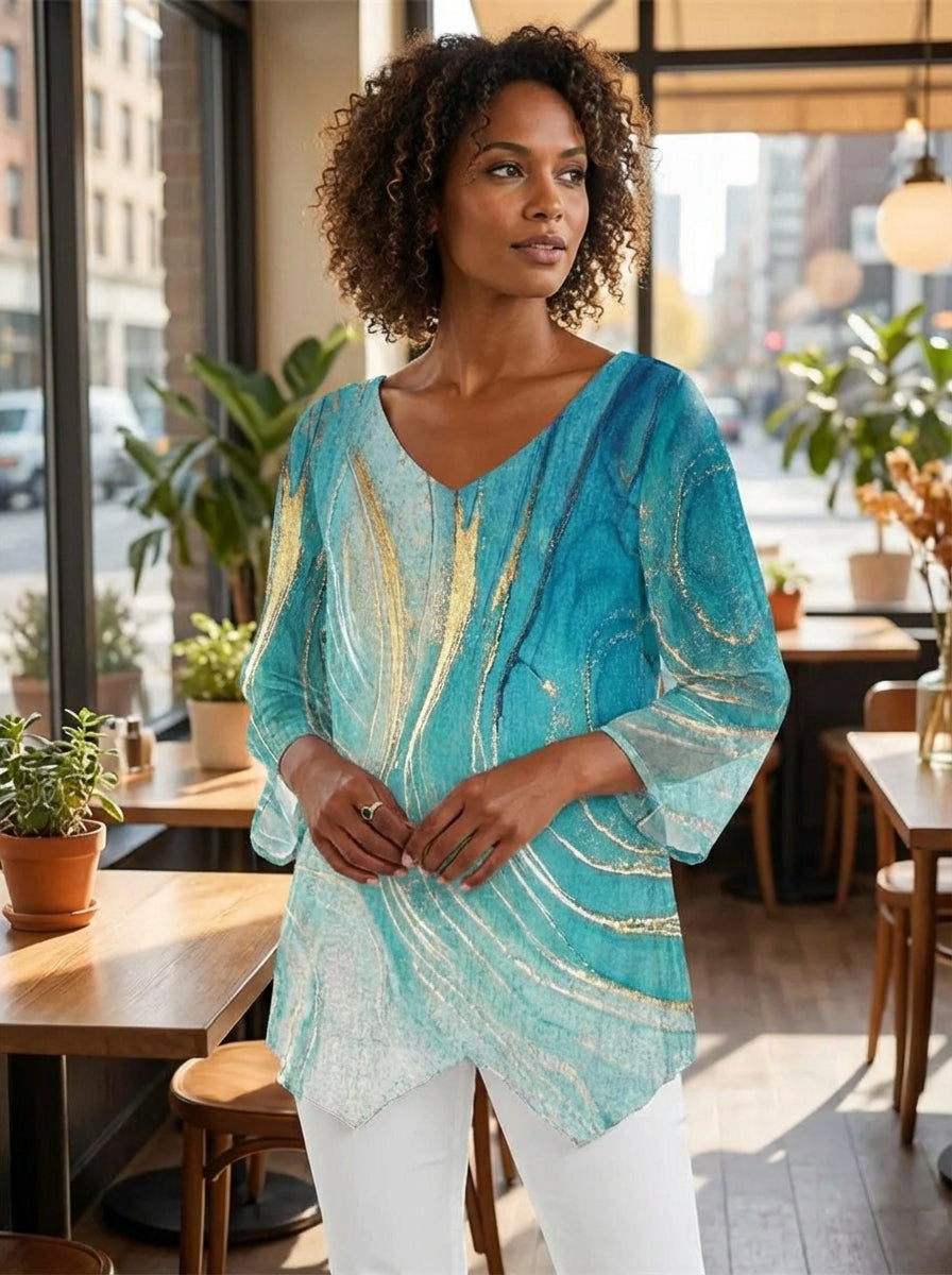 Stylish women's marble print batwing sleeve top with an elegant asymmetric loose fit, ideal for summer.