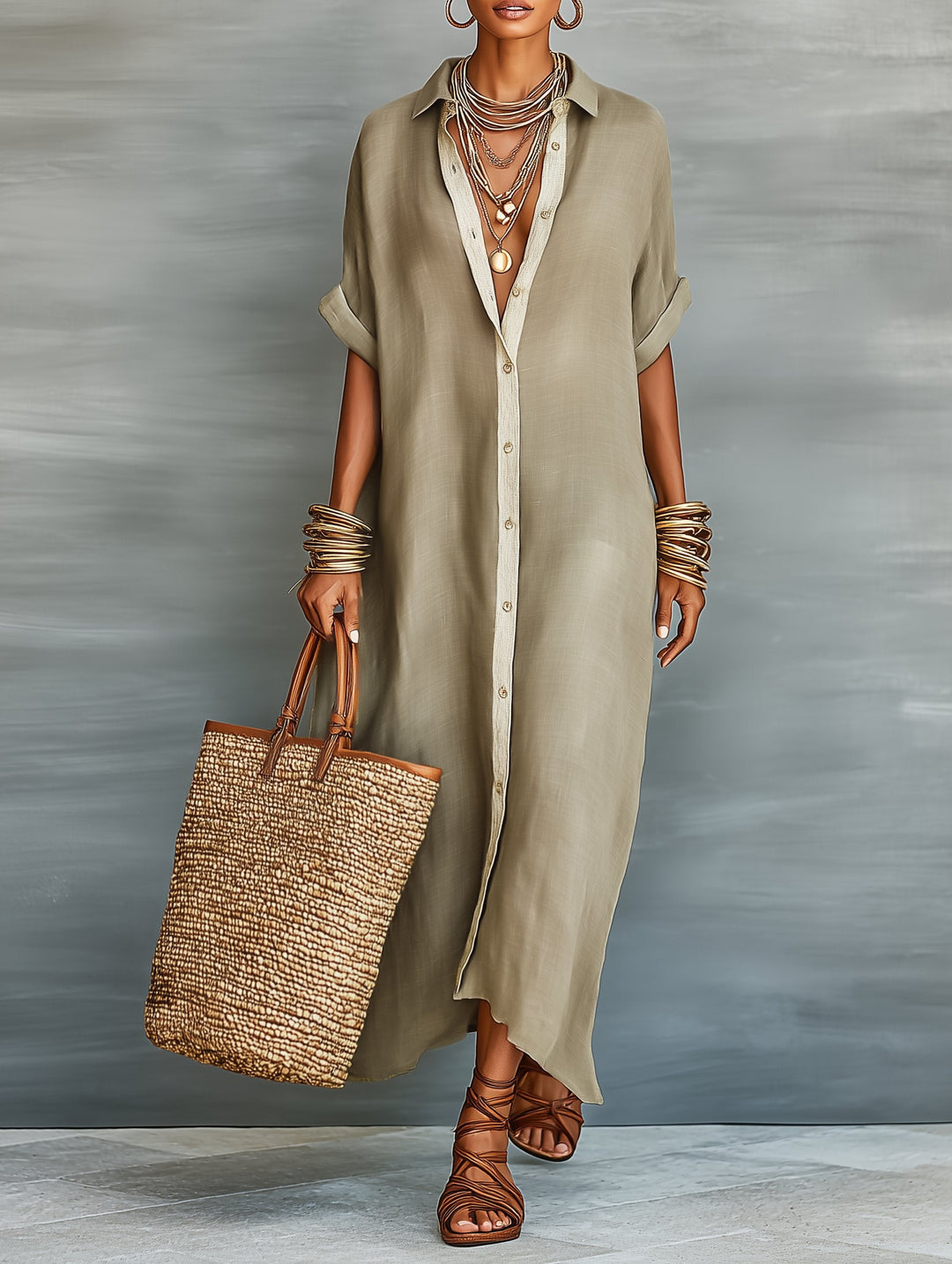 Women's minimalist short sleeve maxi shirt dress; elegant, versatile summer wear.