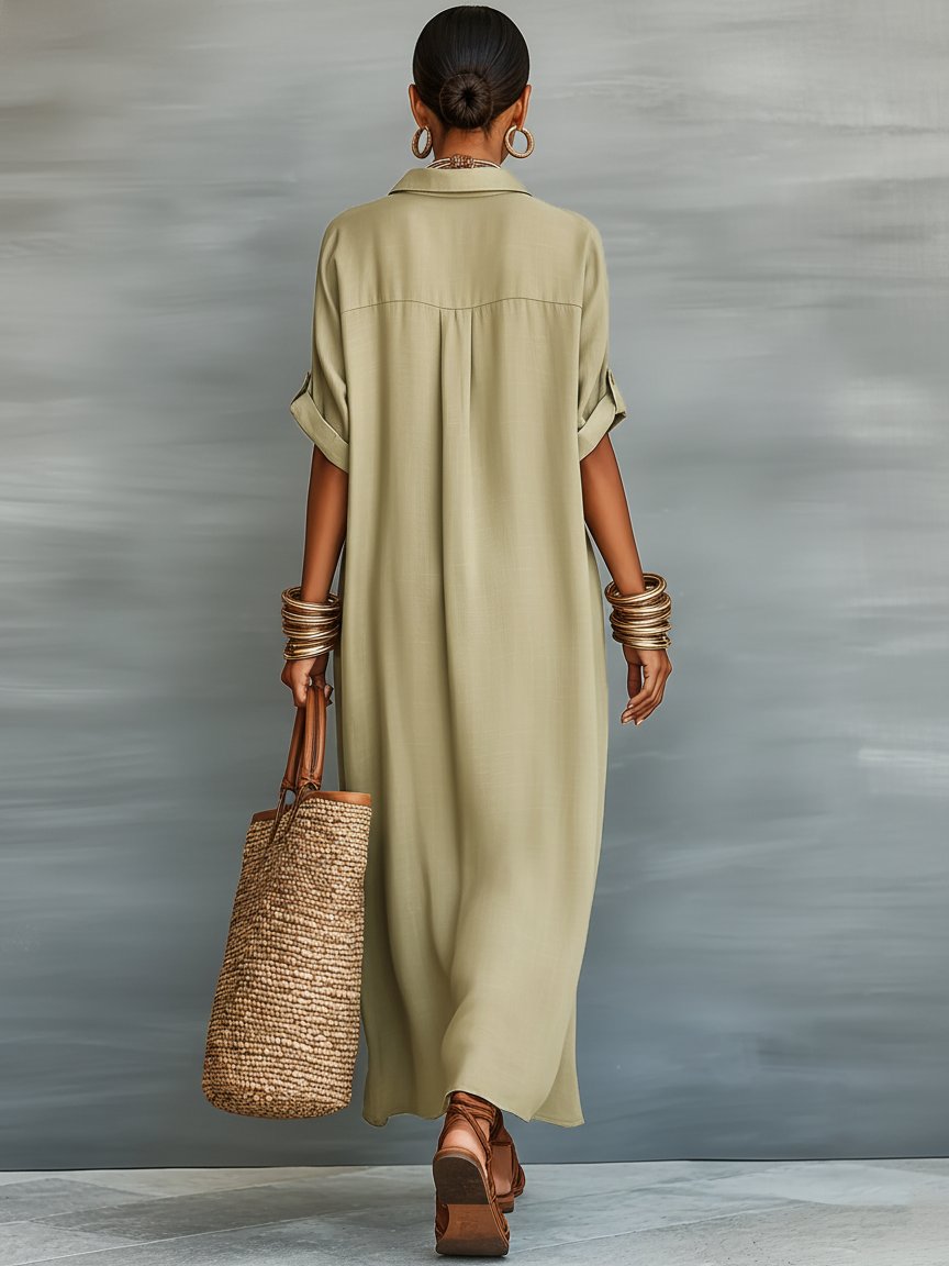 Elegant women's short sleeve maxi shirt dress; modern classic for everyday chic.