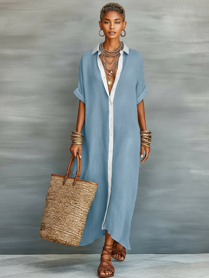 Versatile women's short sleeve minimalist maxi shirt dress, perfect for casual or elegant style.