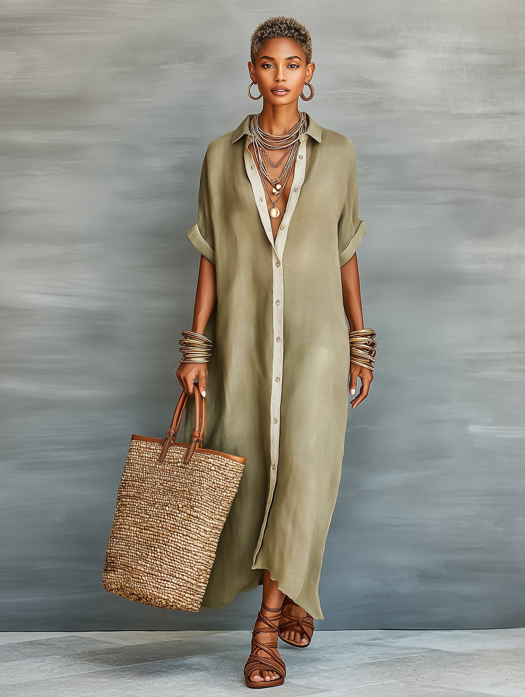 Women's short sleeve button-down maxi shirt dress, embodying minimalist summer fashion.