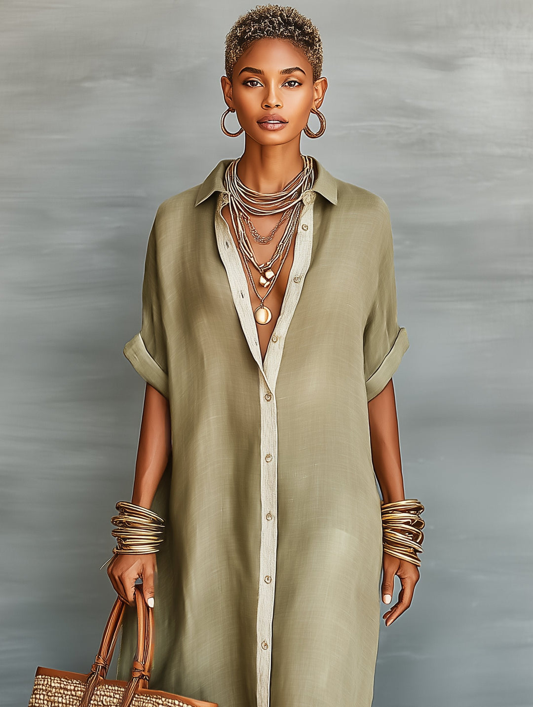 Chic women's minimalist short sleeve maxi shirt dress; comfortable and elegant for daily wear.