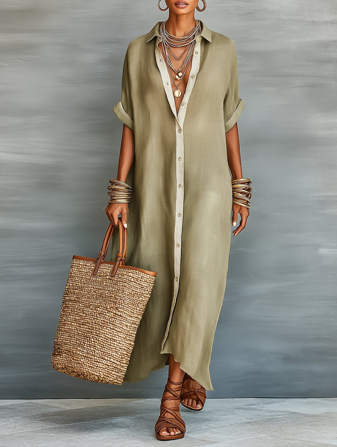 Sophisticated women's short sleeve minimalist maxi shirt dress; modern, versatile, and chic.