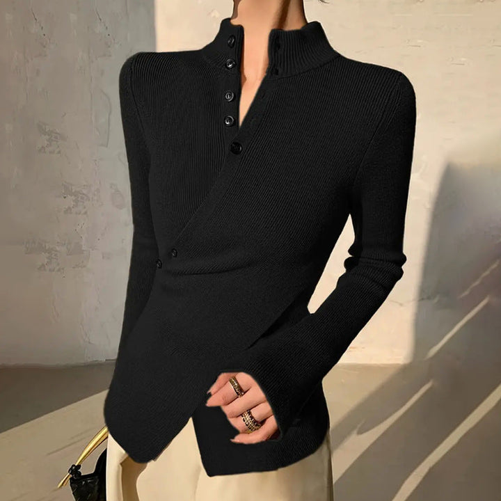 Cozy women's mock neck wrap sweater, asymmetrical hem. Elegant for winter & fall casual or dressy wear.