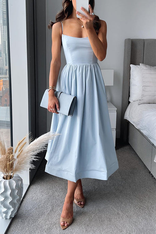 Women's Modern Grace U-neck midi dress in light blue, perfect for elegant summer parties or casual chic outings.
