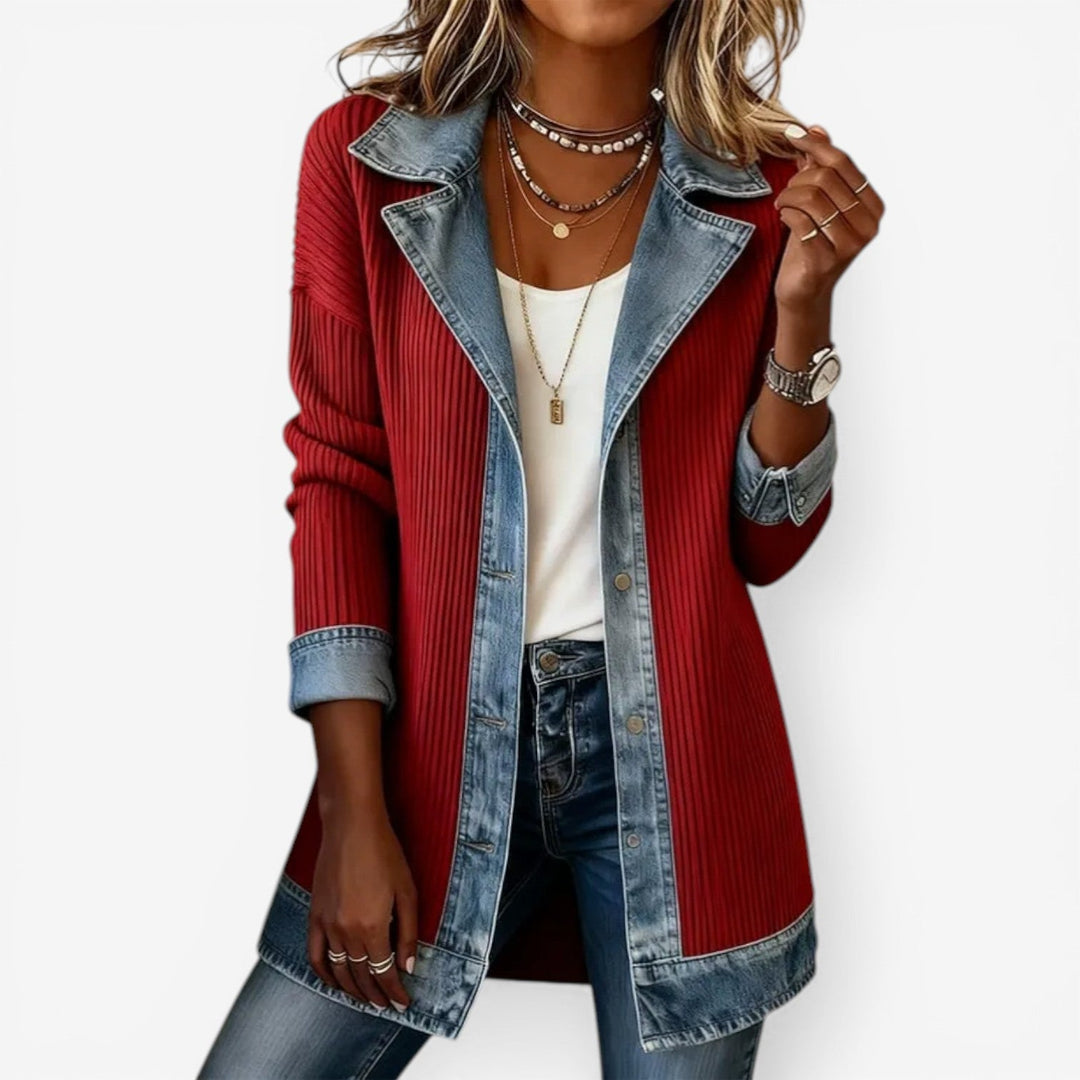 Fashionable women's spring jacket with a modern layered collar and elegant button closure, versatile wear.