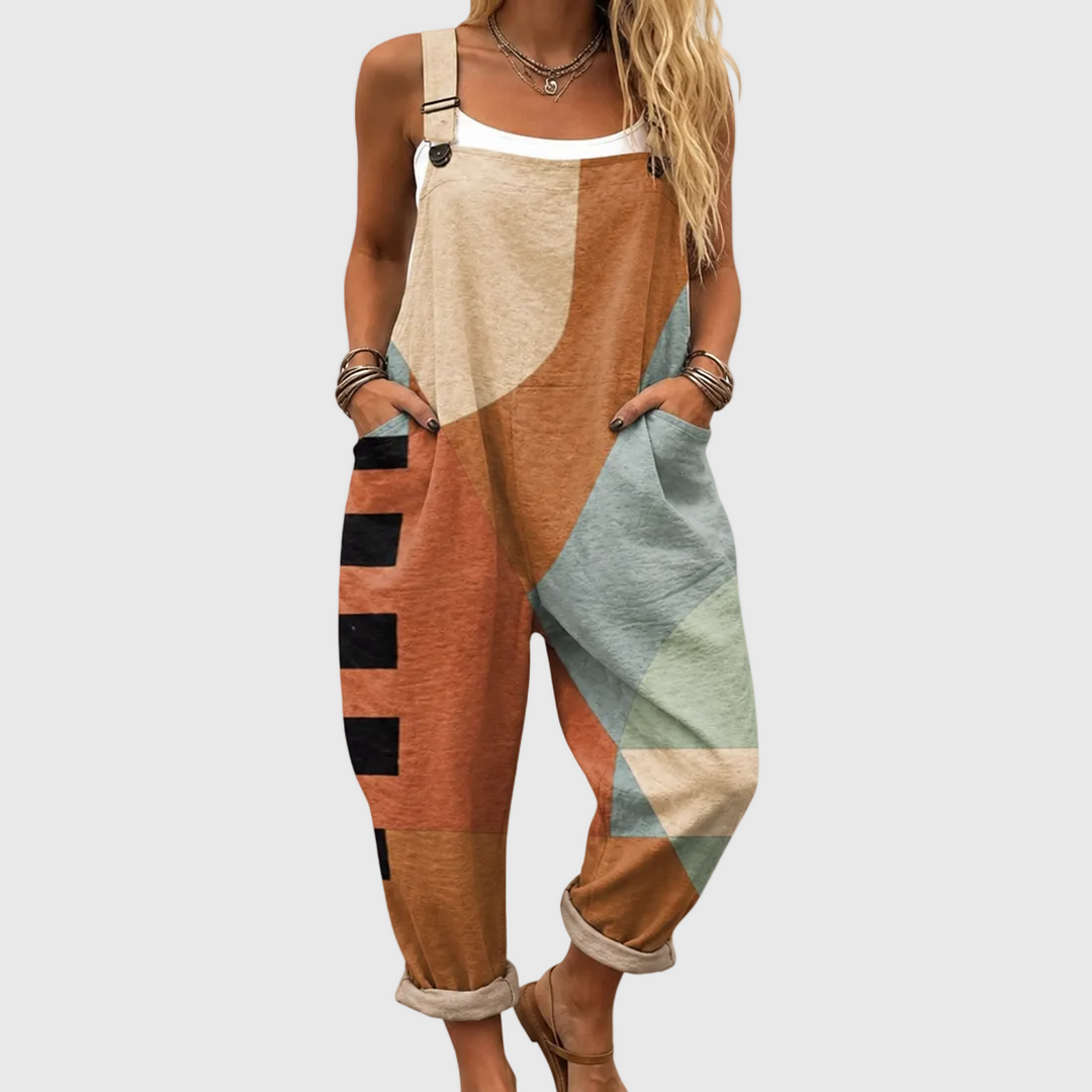 Women's modern patch jumpsuit with geometric print, relaxed fit for comfortable & stylish everyday wear.