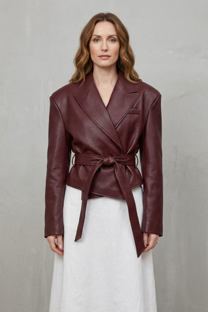Stylish women's belted jacket with a sculpted modern fit, highlighting a chic silhouette.