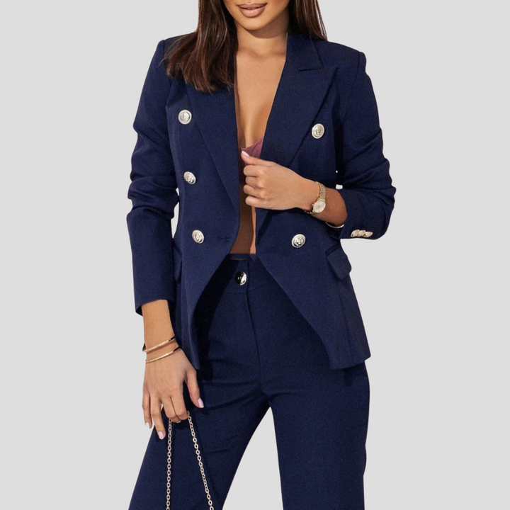 Professional women's modern summer blazer and trousers ensemble, a chic two-piece.