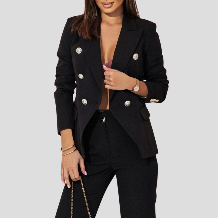 Elegant women's summer workwear: a stylish blazer and comfortable trousers suit set.