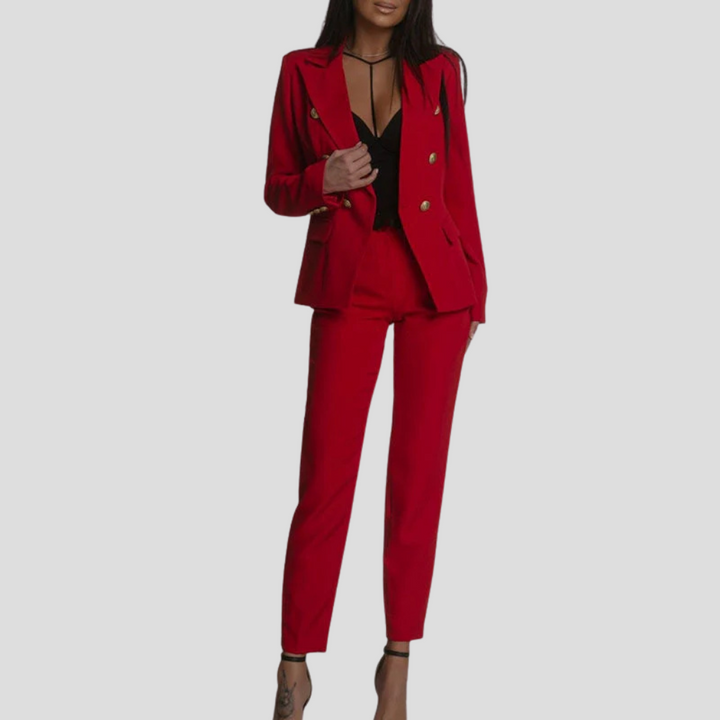 Elegant modern women's suit set: a stylish summer blazer and smart trousers.