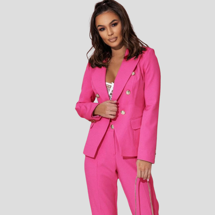 Stylish women's summer blazer & trousers combo, an elegant two-piece suit for work.
