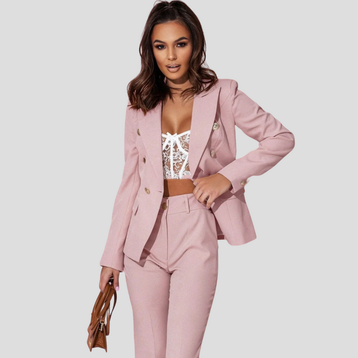 Modern women's summer suit set, featuring a professional blazer and tailored trousers.
