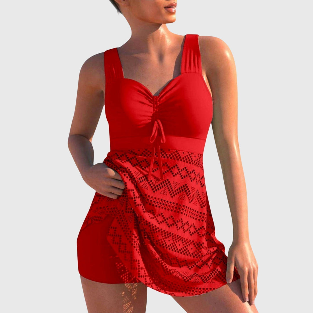 Chic modest two-piece swim set with supportive top & flowy skirt. Elegant women's beachwear.
