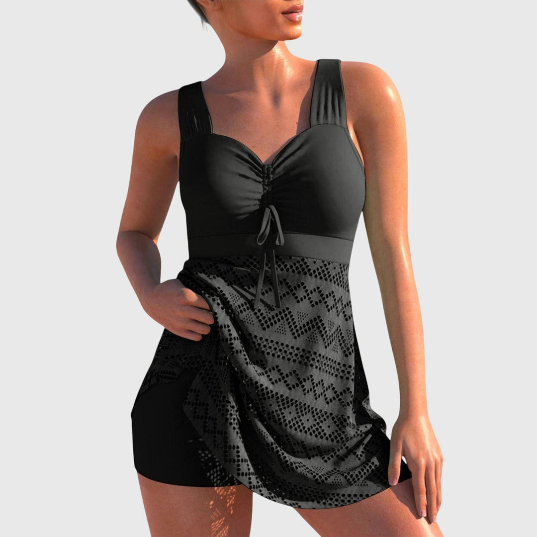 Fashionable women's modest skirted two-piece swimsuit. A vacation essential for elegant summer style.