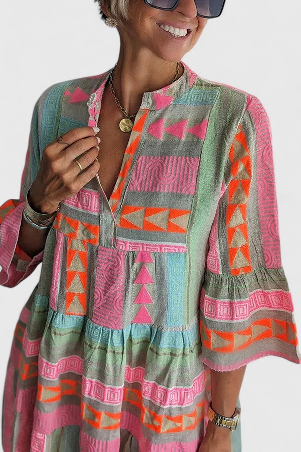 Women's multi-color boho tiered dress, comfortable and flowy. Perfect for summer casual wear or vacation.