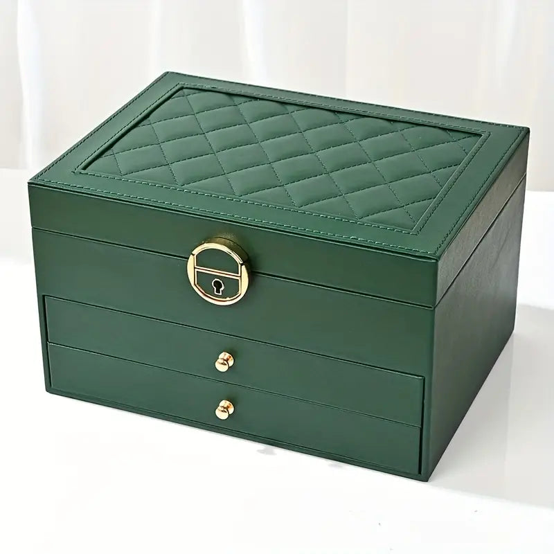 Women's multi-layer leather jewelry box for rings, necklaces & earrings, elegant storage organizer.